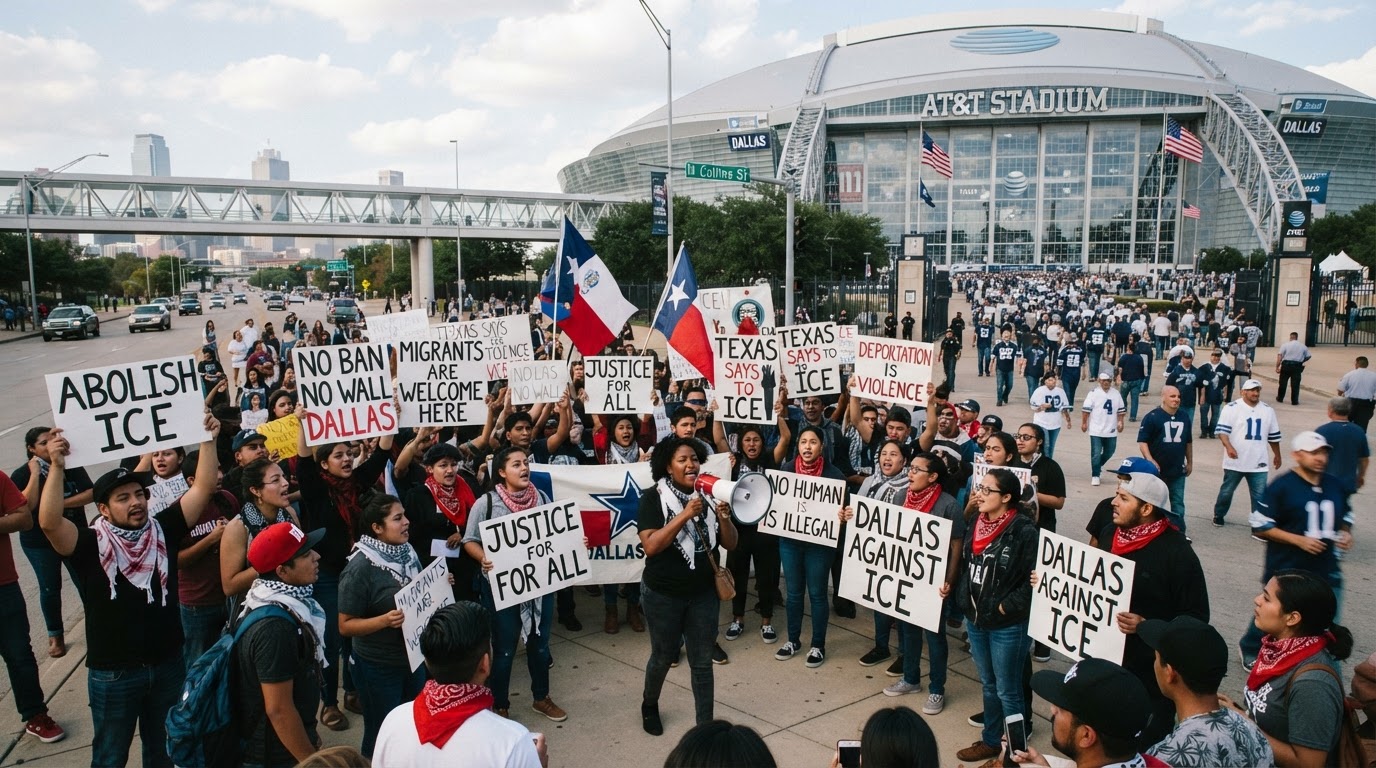 Texasané demonstrovali proti ICE u fotbalového stadionu v Dallasu