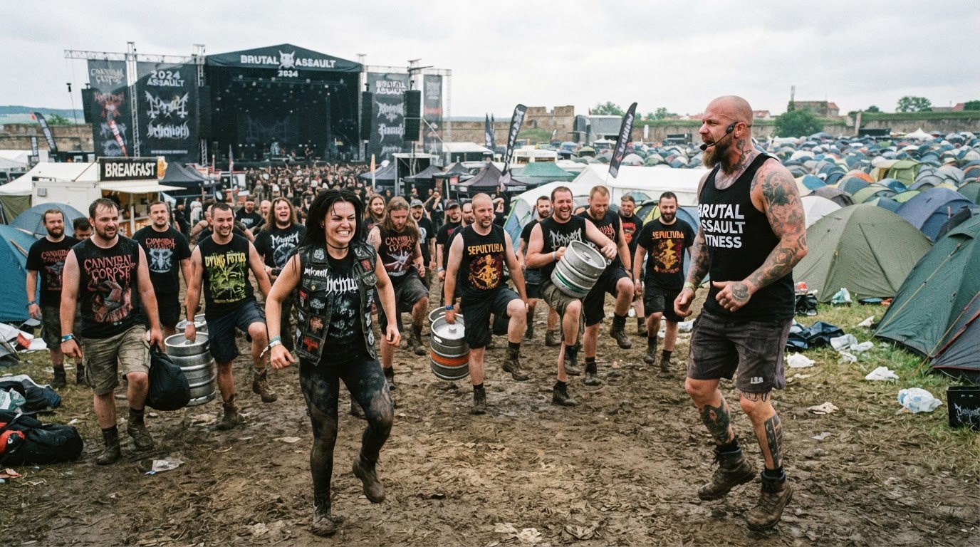 Návštěvníci Brutal Assault místo dospávání ráno cvičí